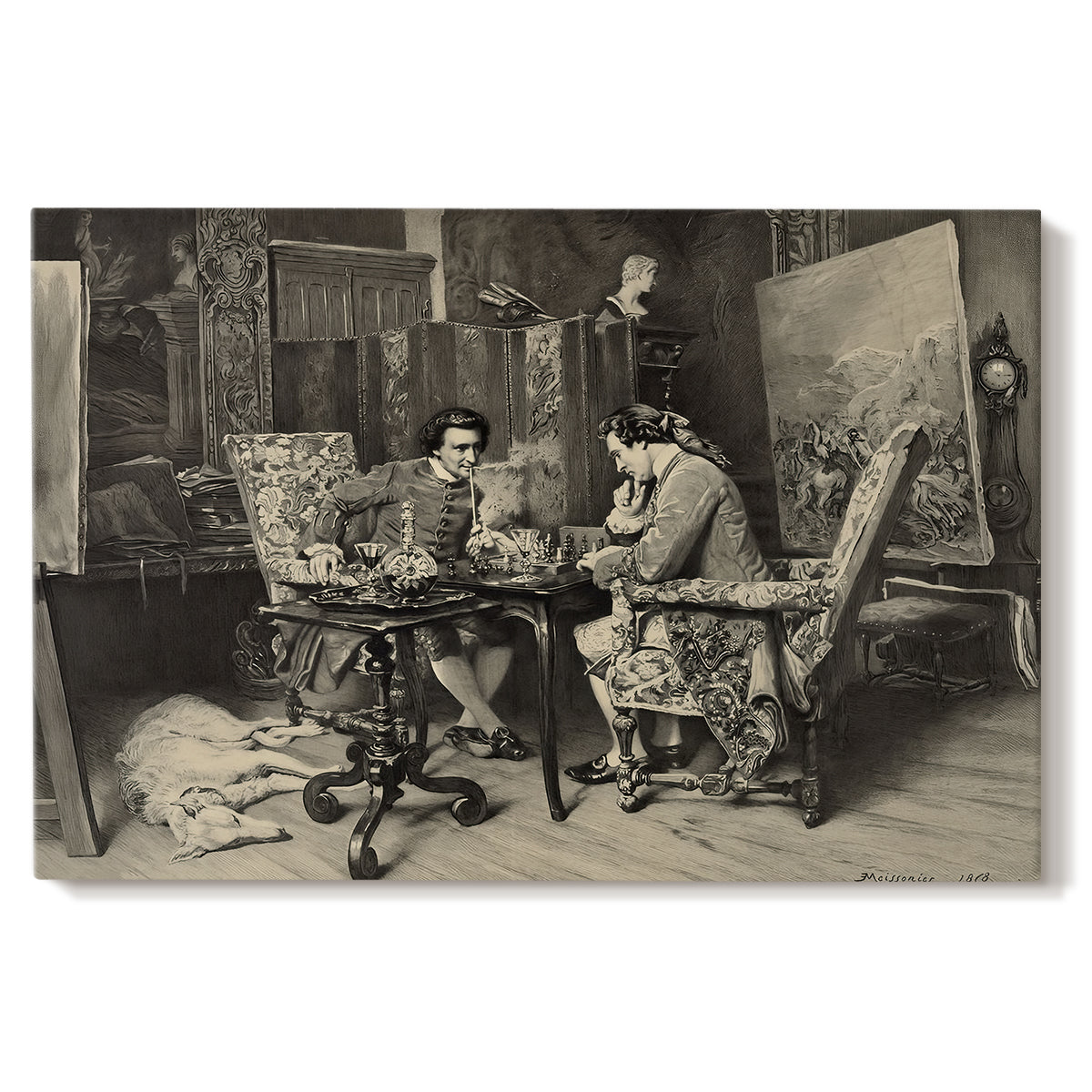 Canvas art print portraying two men seated at table playing chess in detailed interior setting, set against a white background