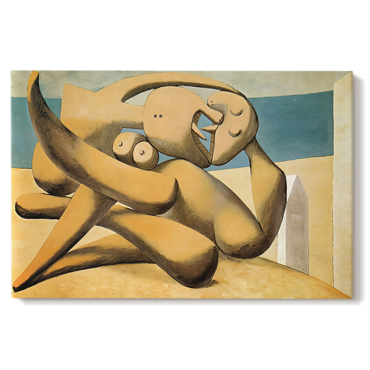 Canvas art print portraying abstracted figures embracing near shoreline, set against a white background
