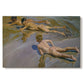 Canvas art print portraying young boys running and playing along shoreline in sunlight, set against a white background