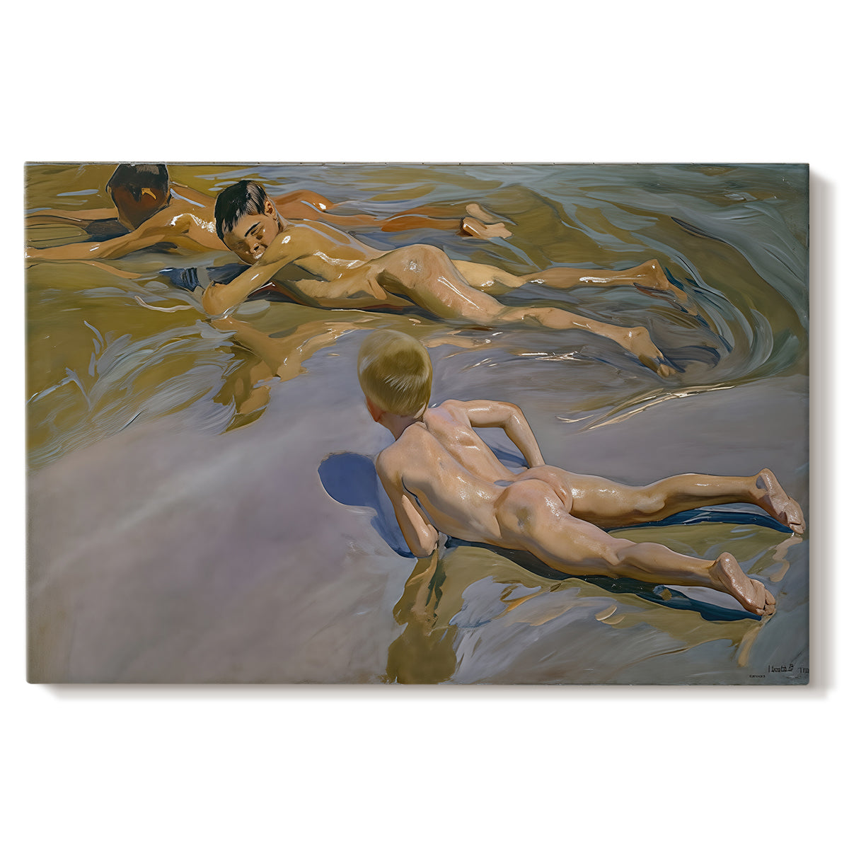 Canvas art print portraying young boys running and playing along shoreline in sunlight, set against a white background