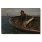 Canvas art print portraying fishermen working from small boat on open water near shore, set against a white background