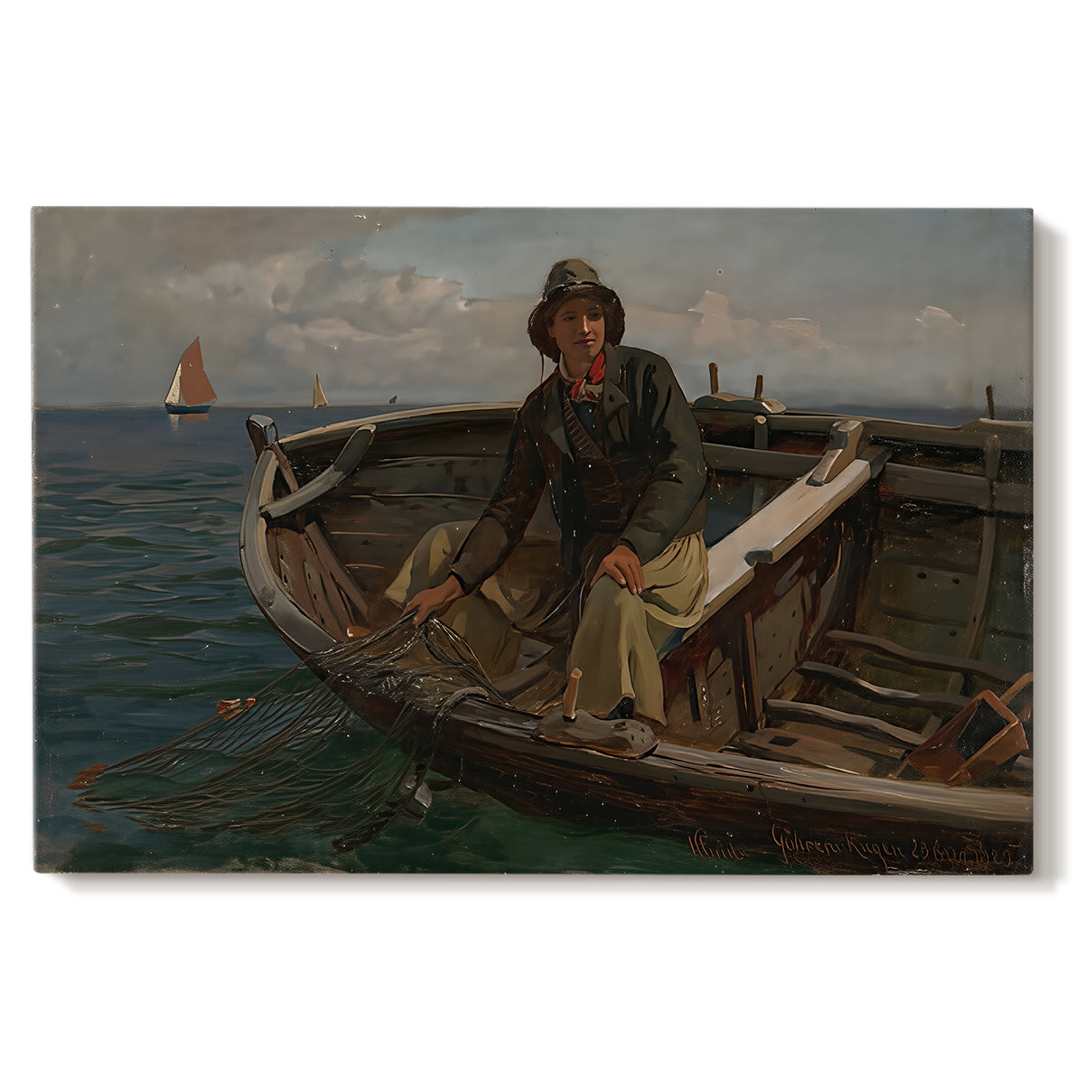 Canvas art print portraying fishermen working from small boat on open water near shore, set against a white background
