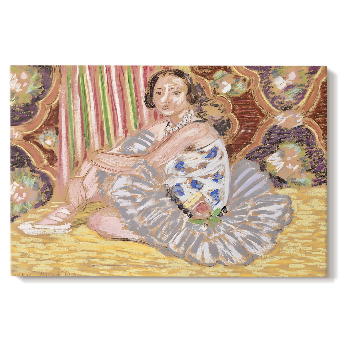 Canvas art print portraying a dancer figure posed in a decorative interior, set against a white background