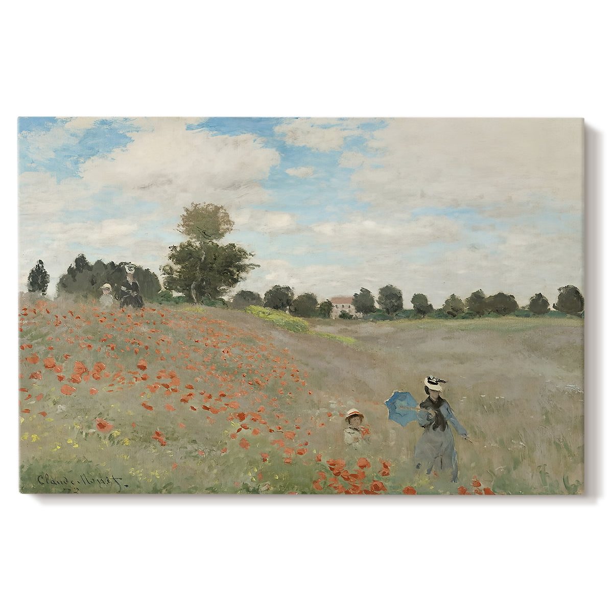 Canvas art print portraying a field of red poppies with figures walking across rolling landscape, set against a white background