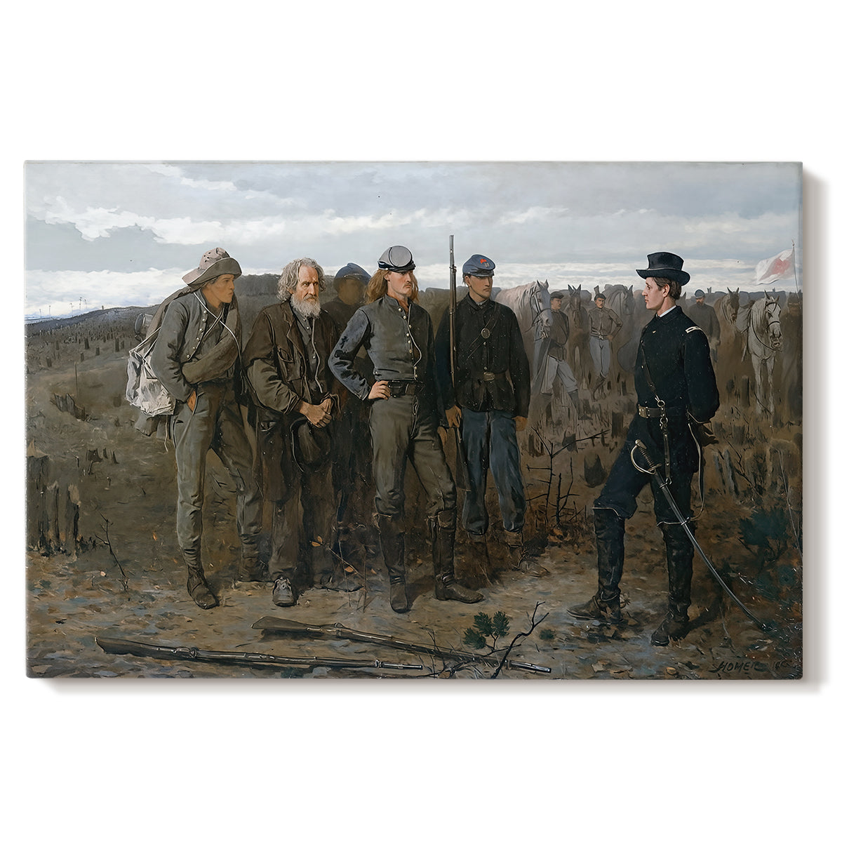 Canvas art print portraying a group of soldiers standing together in outdoor setting with guarded figures, set against a white background