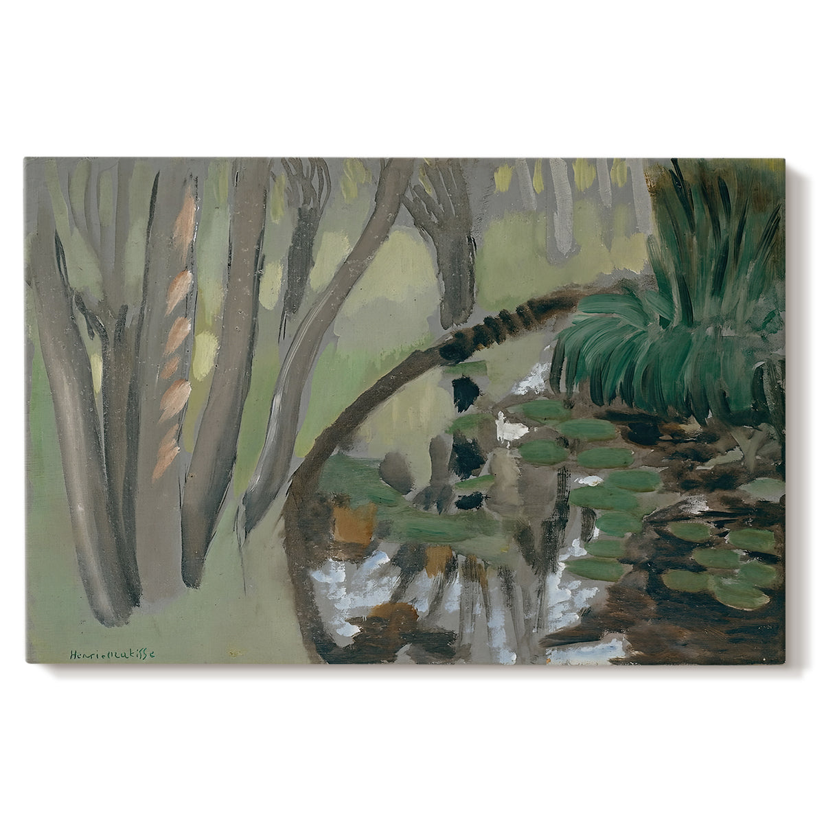 Canvas art print portraying a stream flowing through green landscape, set against a white background