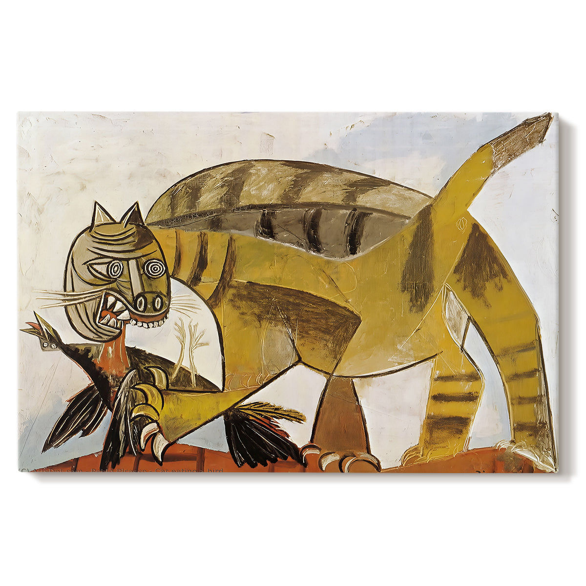Canvas art print portraying a stylized cat holding bird in mouth with angular forms, set against a white background