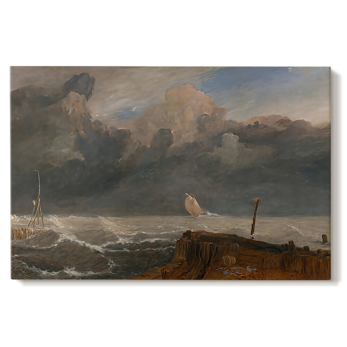 Canvas art print portraying a harbor scene with boats and waterfront structures, set against a white background