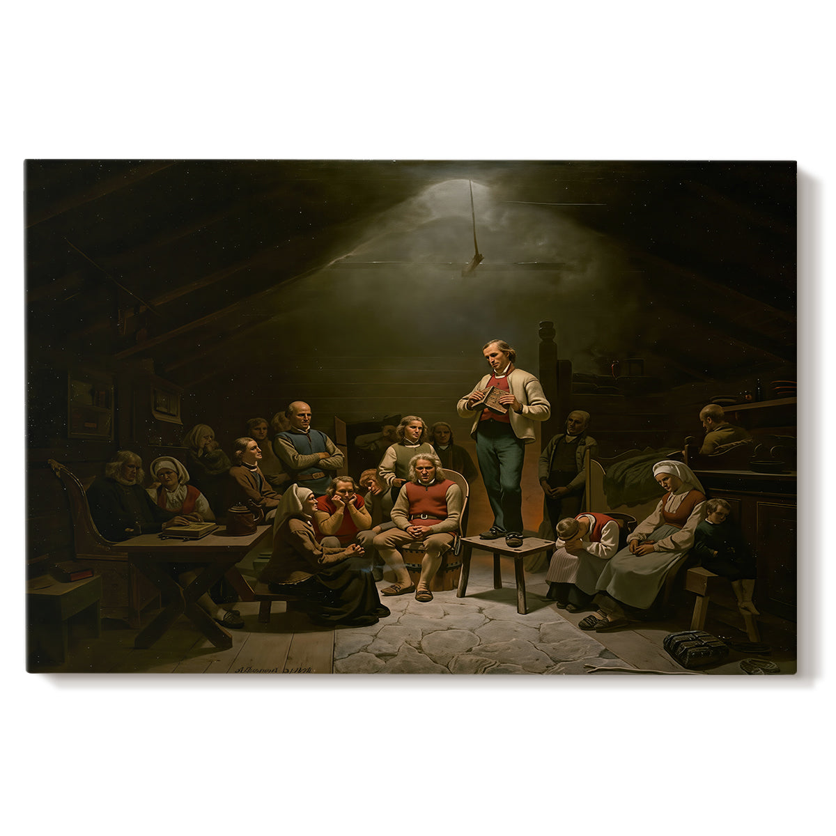 Canvas art print portraying a group of worshippers gathered in a dark interior engaged in religious devotion, set against a white background