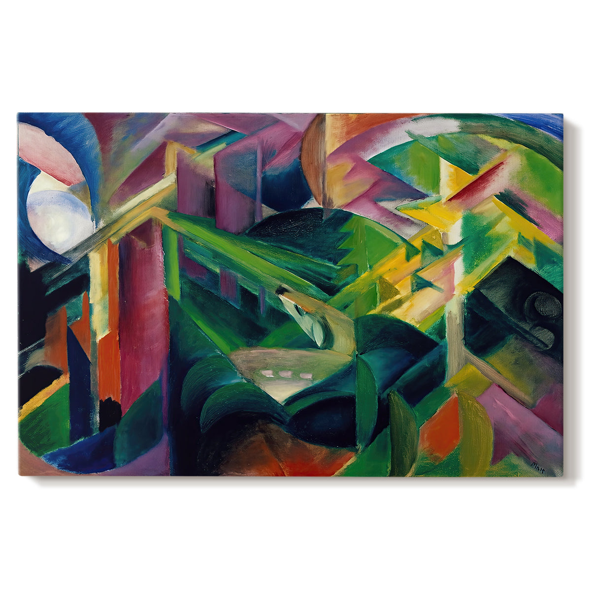 Canvas art print portraying a stylized deer within abstract garden setting of geometric shapes, set against a white background