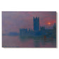 Canvas art print portraying a silhouette of Parliament buildings against glowing sunset across river, set against a white background