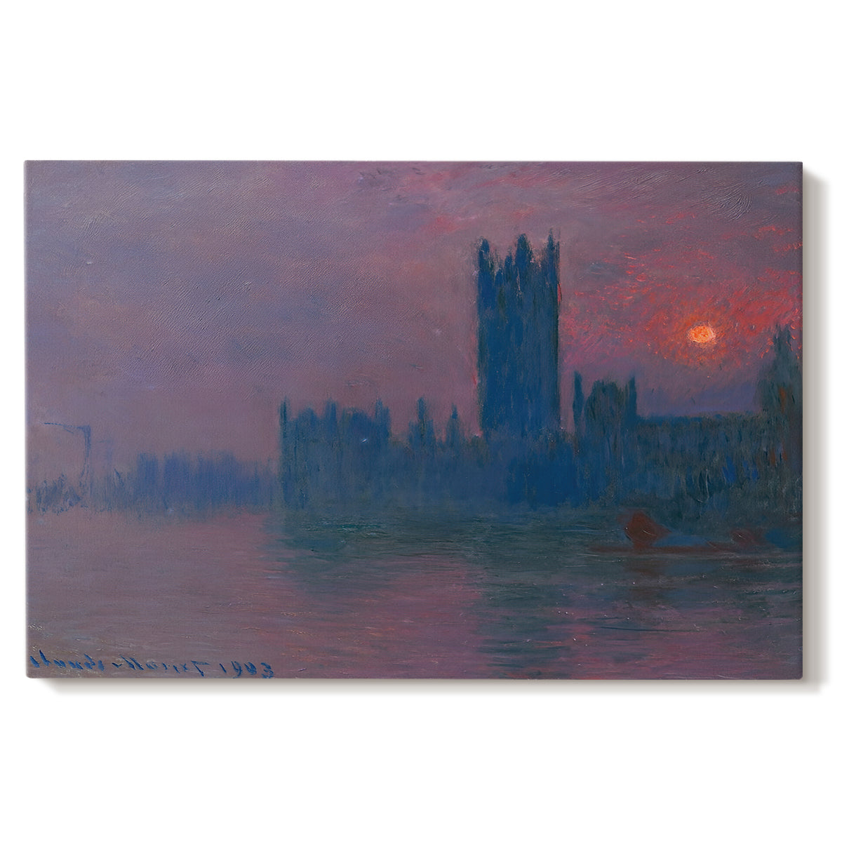 Canvas art print portraying a silhouette of Parliament buildings against glowing sunset across river, set against a white background