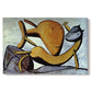 Canvas art print portraying an abstract cat interacting with large fish in simplified form, set against a white background