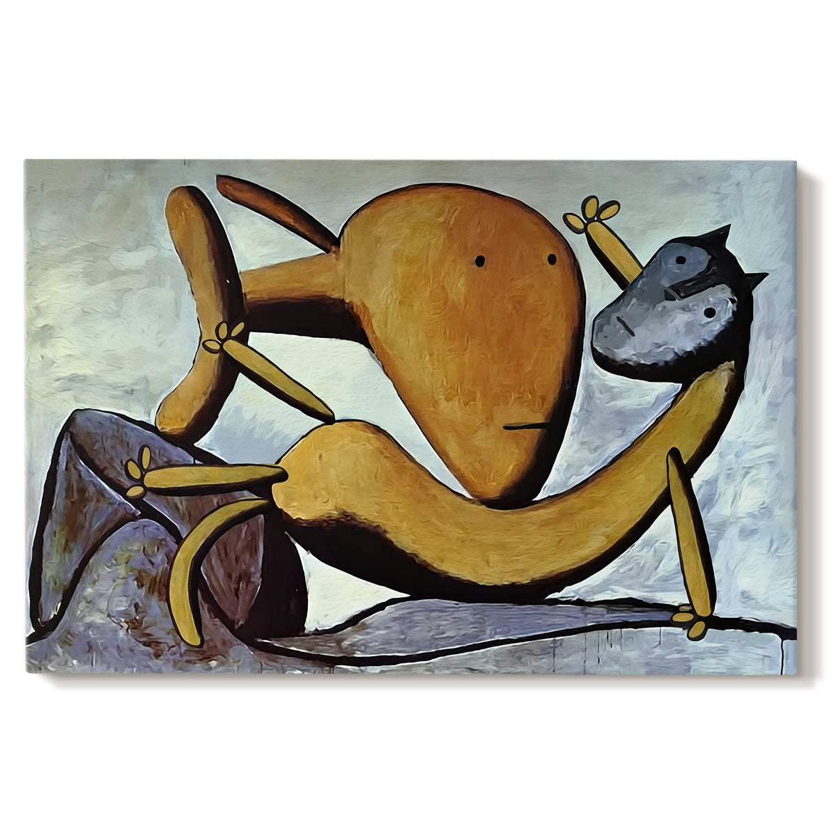Canvas art print portraying an abstract cat interacting with large fish in simplified form, set against a white background
