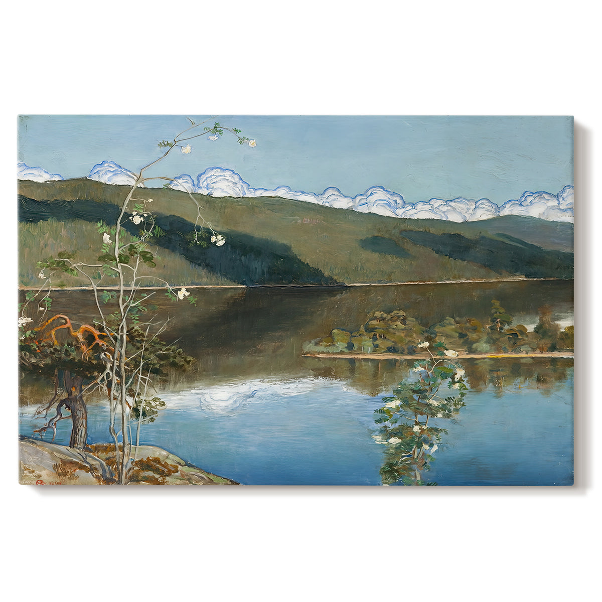 Canvas art print portraying a dramatic landscape with dark thunderclouds forming over distant water and hills, set against a white background