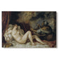 Canvas art print portraying a reclining nude woman on bed in mythological interior scene, set against a white background