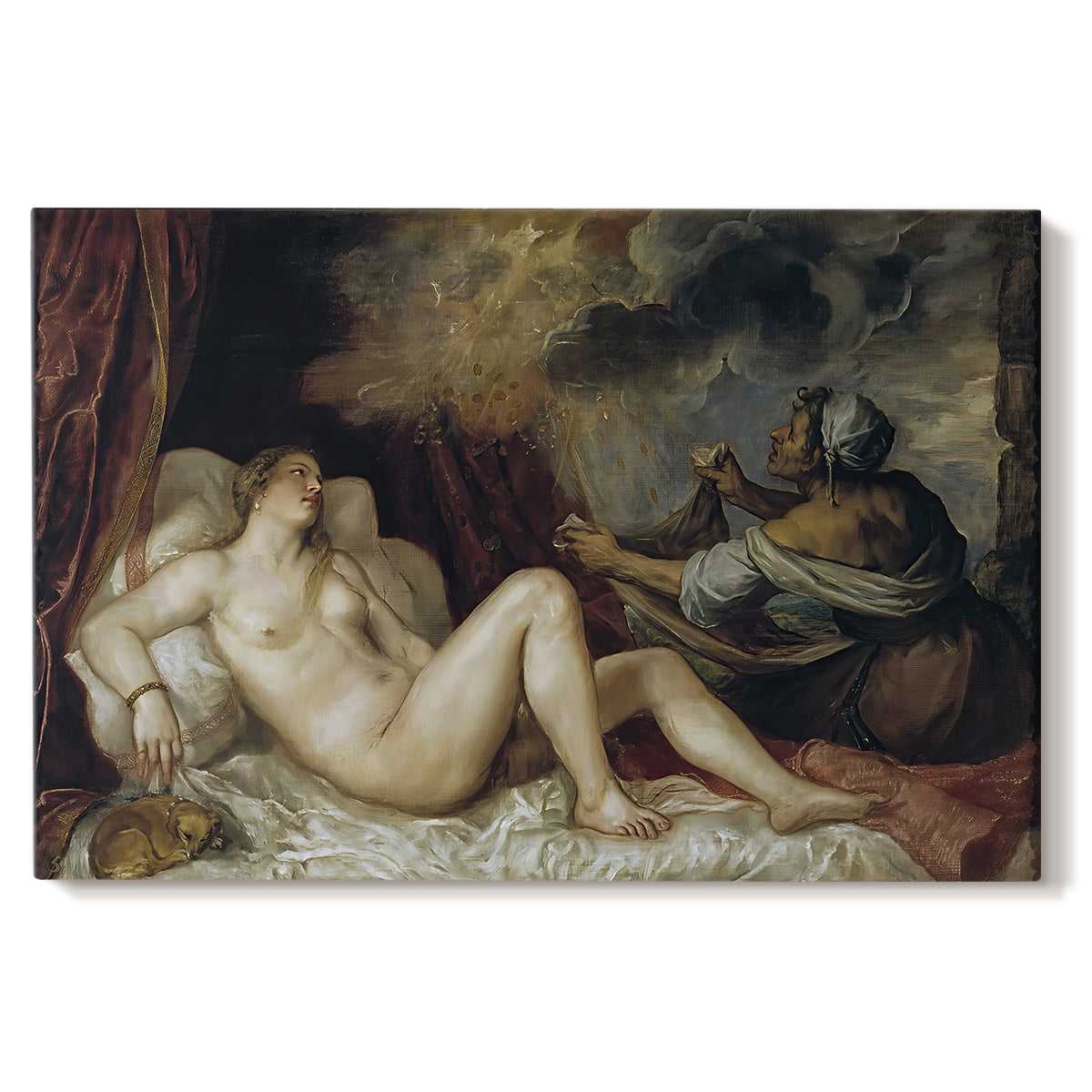 Canvas art print portraying a reclining nude woman on bed in mythological interior scene, set against a white background