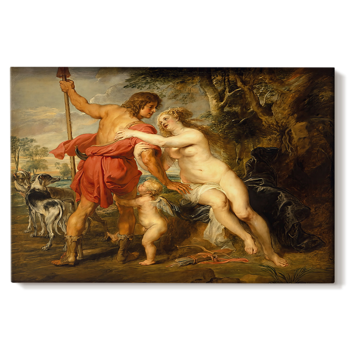 Canvas art print portraying mythological figures interacting in dramatic outdoor scene, set against a white background