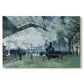 Canvas art print portraying trains arriving under large arched station roof with billowing steam, set against a white background