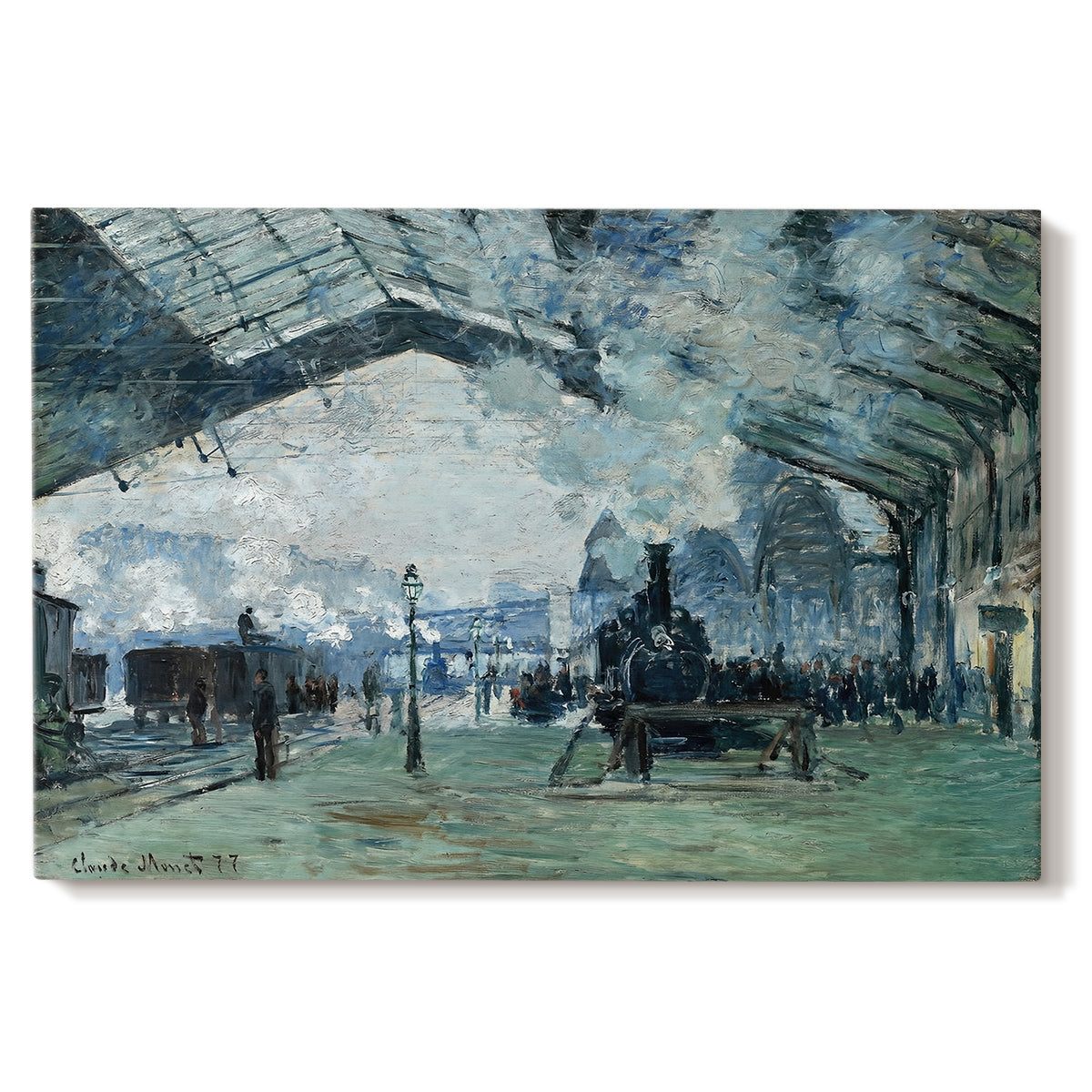 Canvas art print portraying trains arriving under large arched station roof with billowing steam, set against a white background