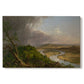 Canvas art print portraying a panoramic river landscape with contrast between stormy sky and calm farmland, set against a white background