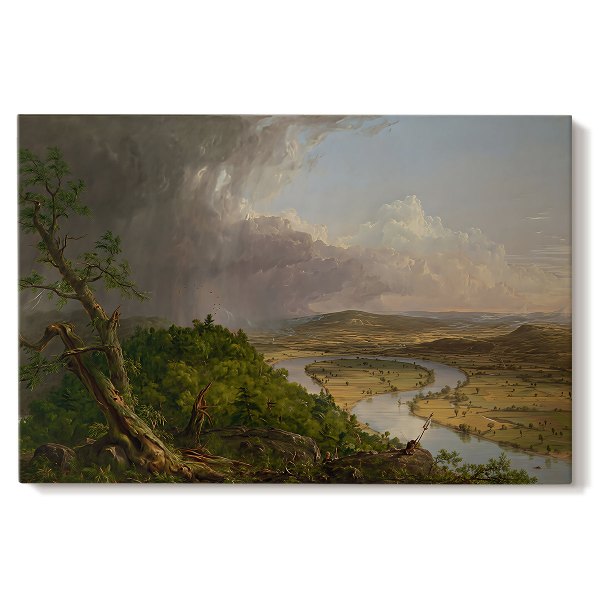 Canvas art print portraying a panoramic river landscape with contrast between stormy sky and calm farmland, set against a white background