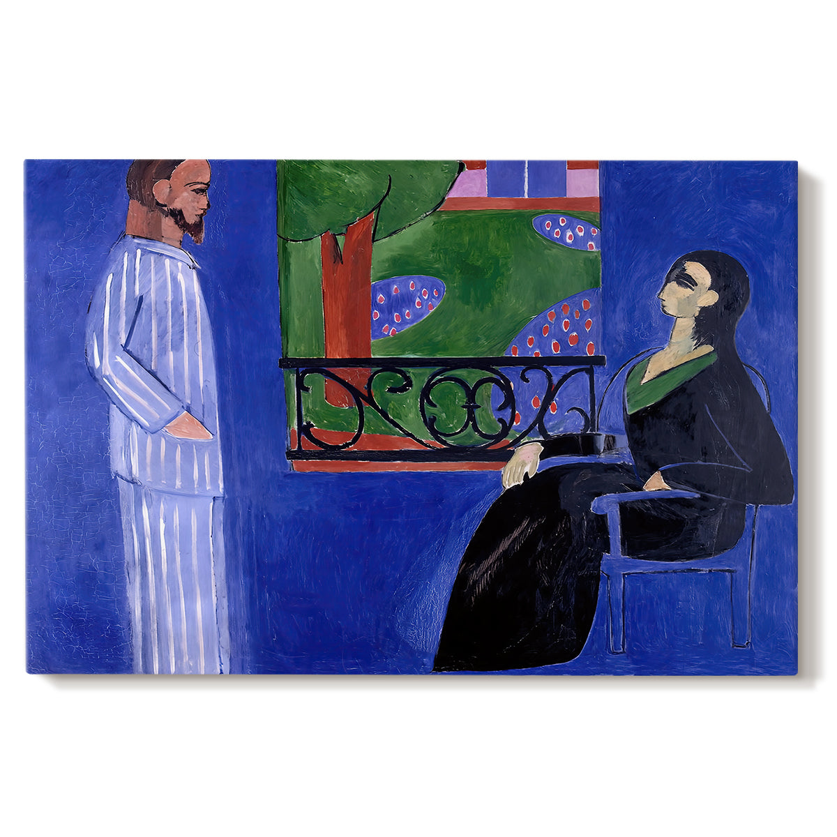 Canvas art print portraying two figures standing in an interior with strong contrasting colors, set against a white background