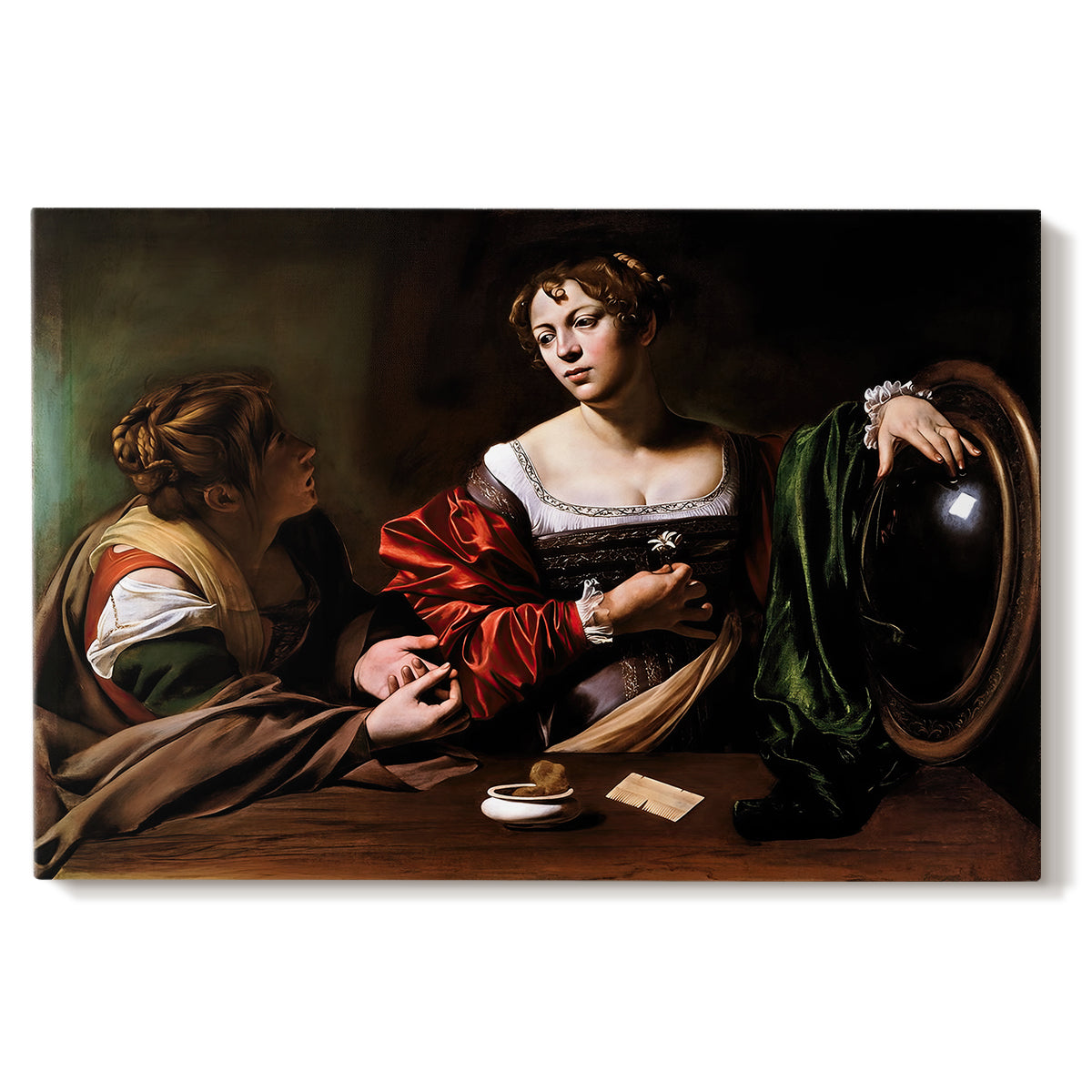 Canvas art print portraying a two women seated together in conversation with symbolic objects on table, set against a white background