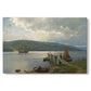 Canvas art print portraying a wooden jetty extending into calm water with boats nearby, set against a white background