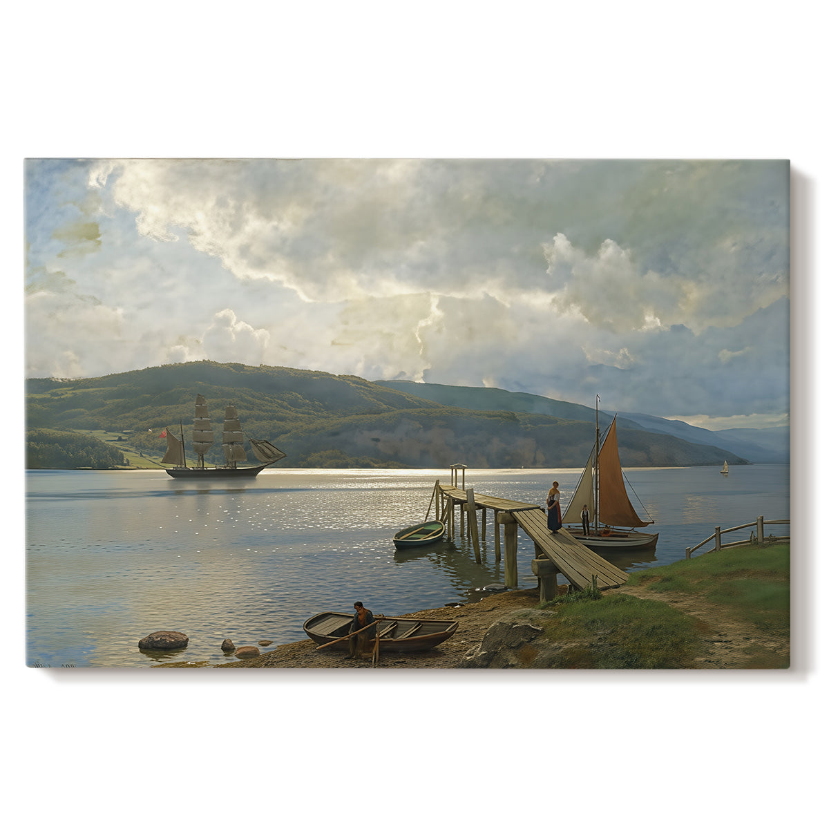 Canvas art print portraying a wooden jetty extending into calm water with boats nearby, set against a white background