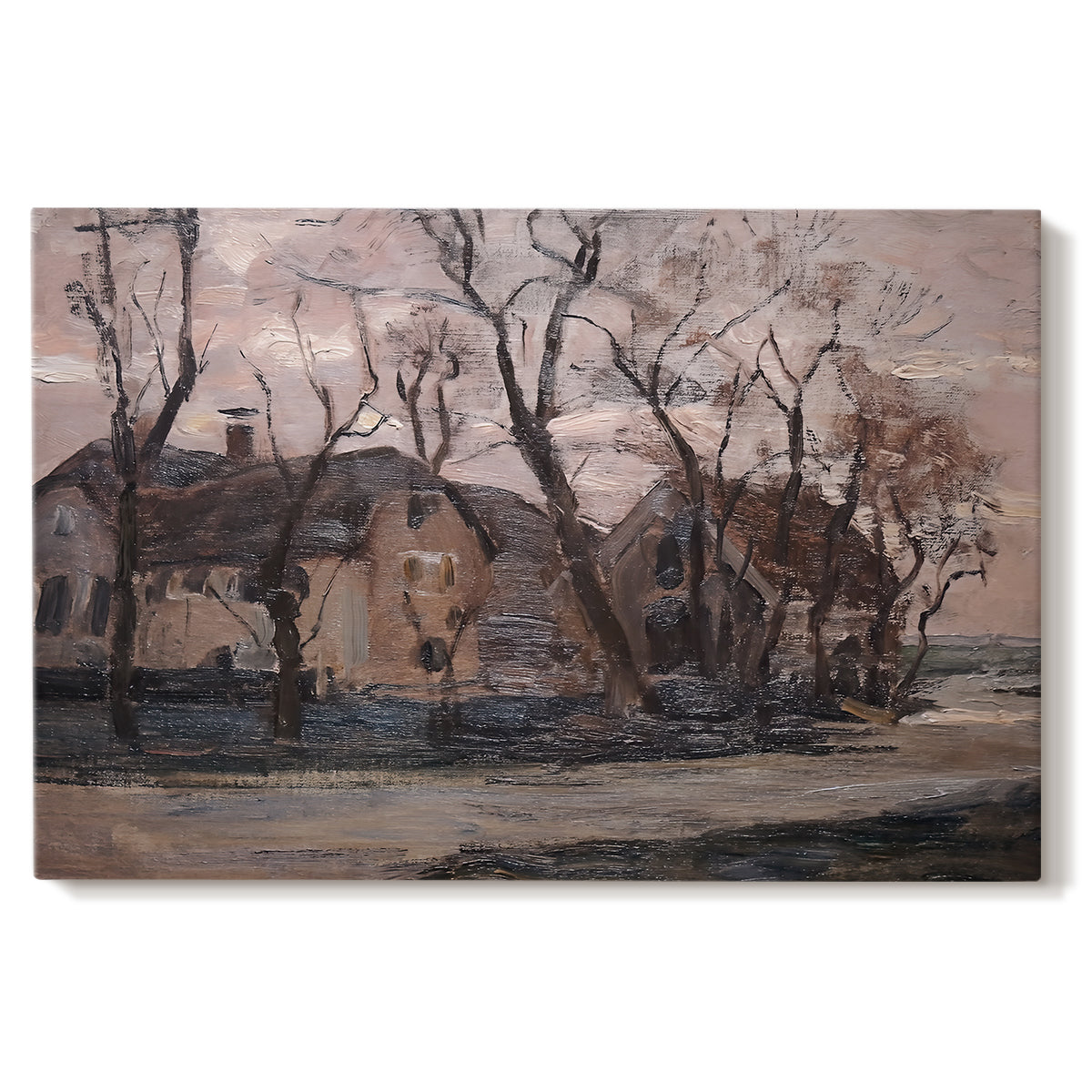 Canvas art print portraying a farmhouse and trees in muted evening landscape, set against a white background