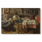 Canvas art print portraying a group of people seated around table sharing meal in interior, set against a white background