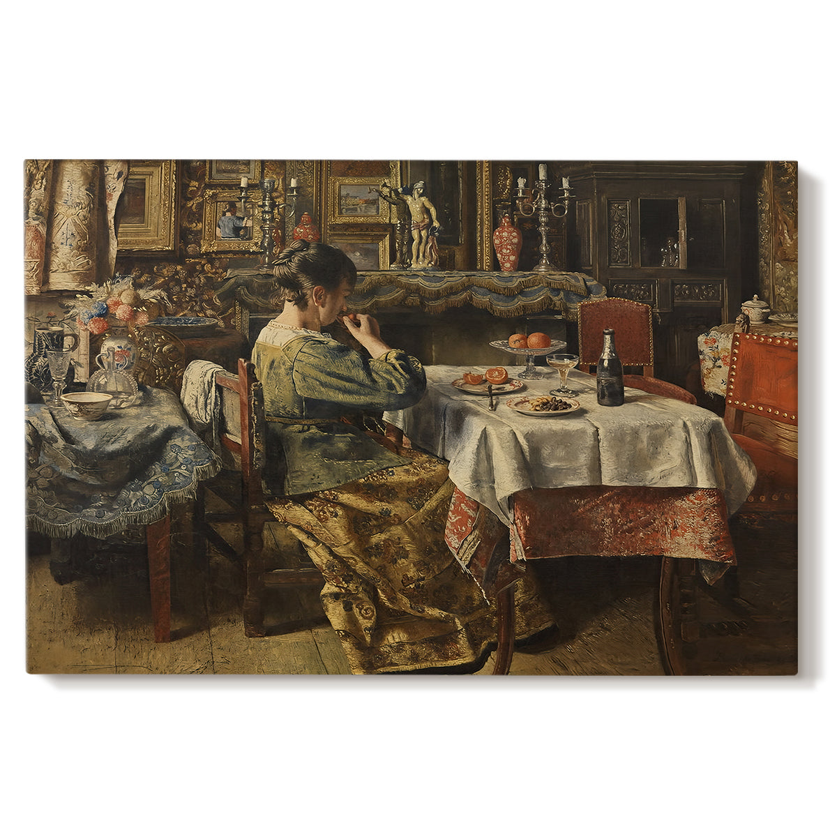 Canvas art print portraying a group of people seated around table sharing meal in interior, set against a white background
