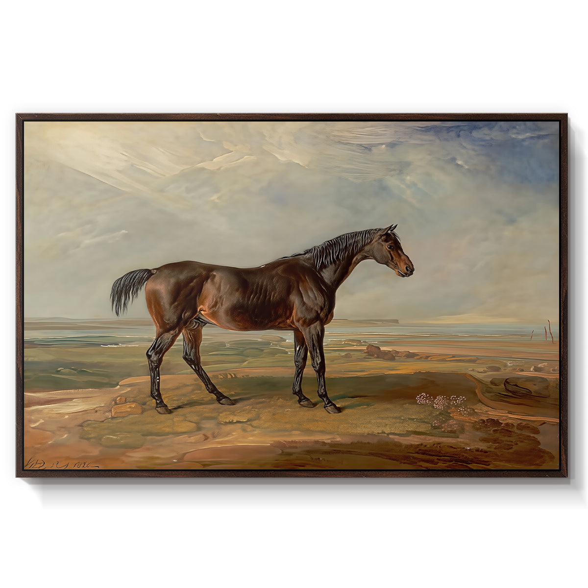 Dr. Syntax, a Bay Racehorse, Standing in a Coastal Landscape, an Estuary Beyond, c. 1820 - Floater Framed Canvas Print