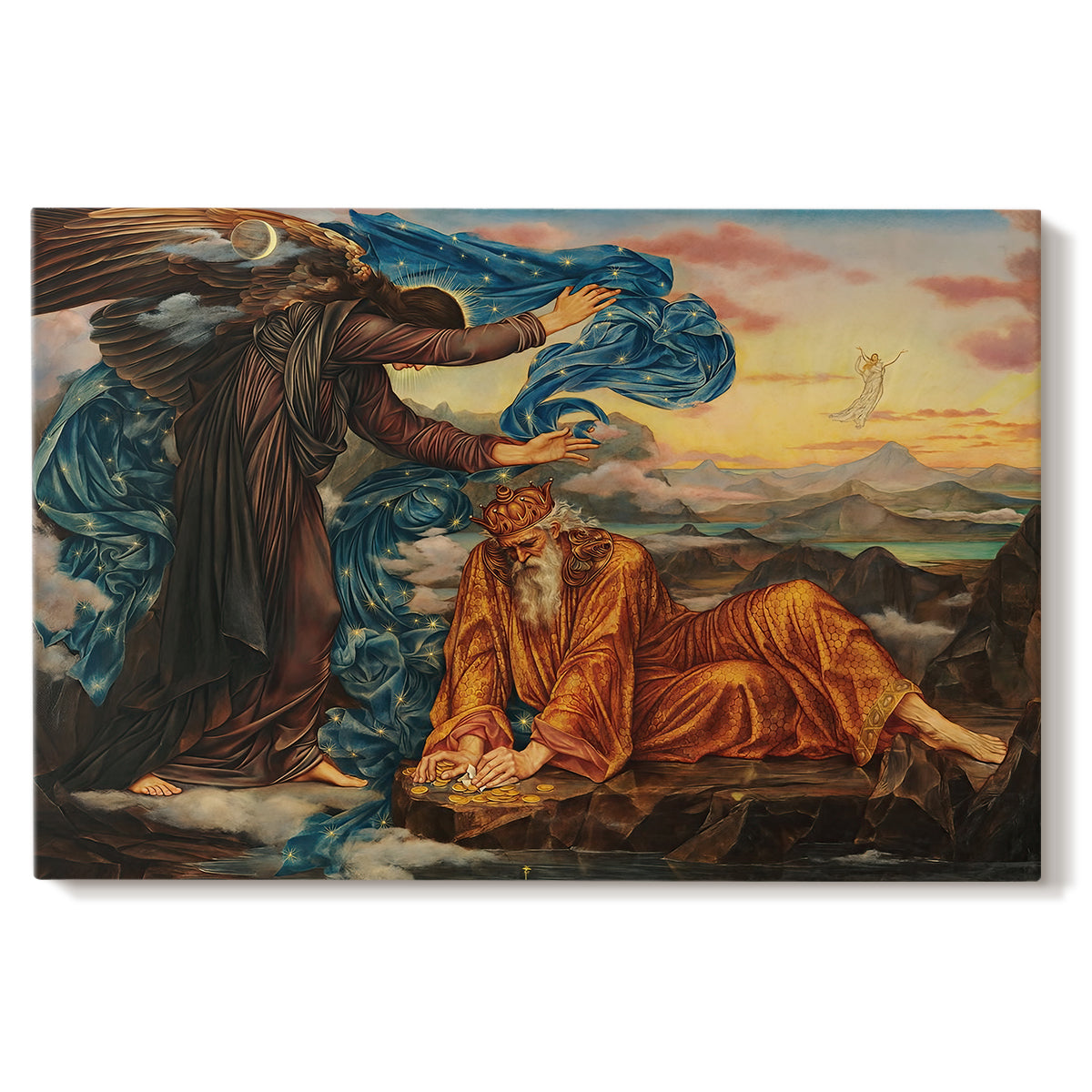 Canvas art print portraying a reclining female figure surrounded by symbolic elements in dreamlike setting, set against a white background