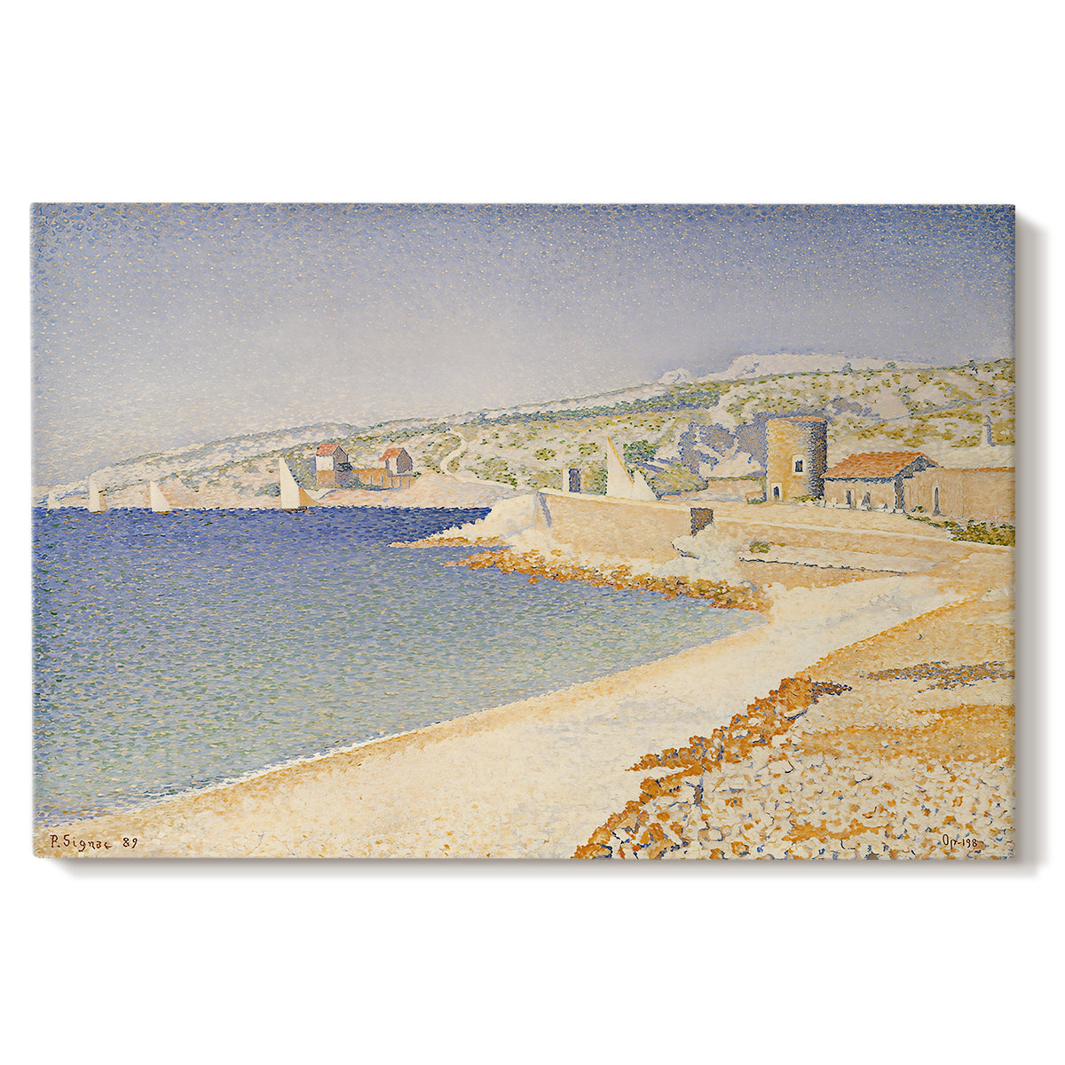 Canvas art print portraying a jetty extending into coastal water, set against a white background