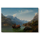 Canvas art print portraying a bridal procession in boats crossing a fjord surrounded by dramatic mountain landscape, set against a white background