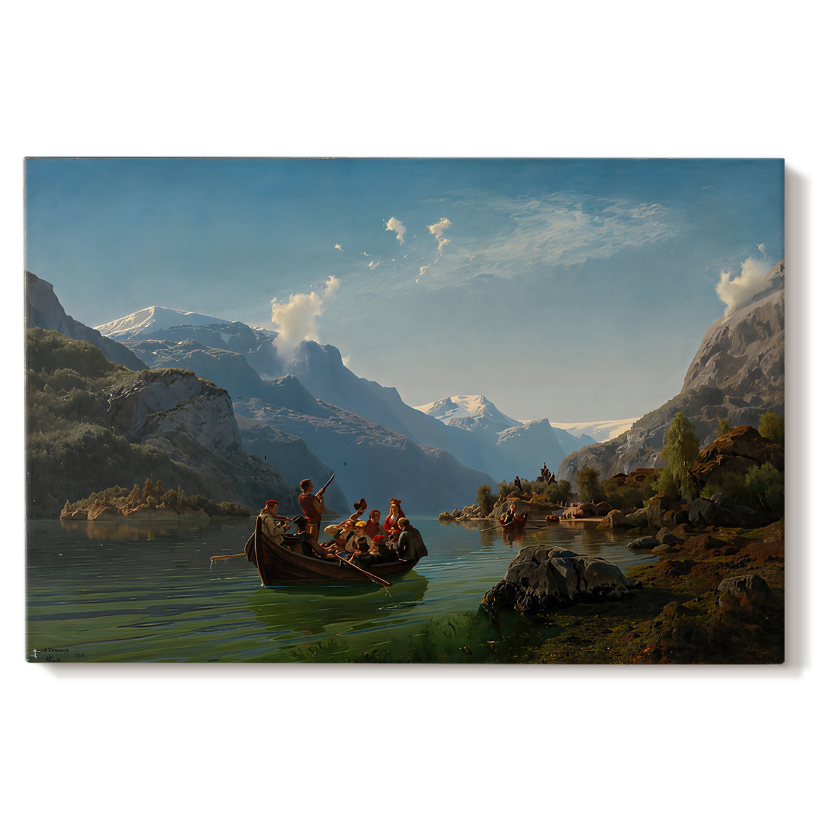 Canvas art print portraying a bridal procession in boats crossing a fjord surrounded by dramatic mountain landscape, set against a white background