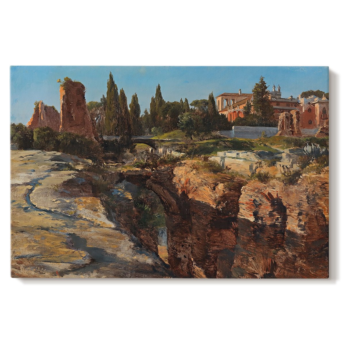 Canvas art print portraying historic Roman ruins and buildings set within warm landscape, set against a white background