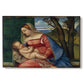 Canvas art print portraying a Madonna cradling child in close devotional scene with rich blue and red garments, set against a white background