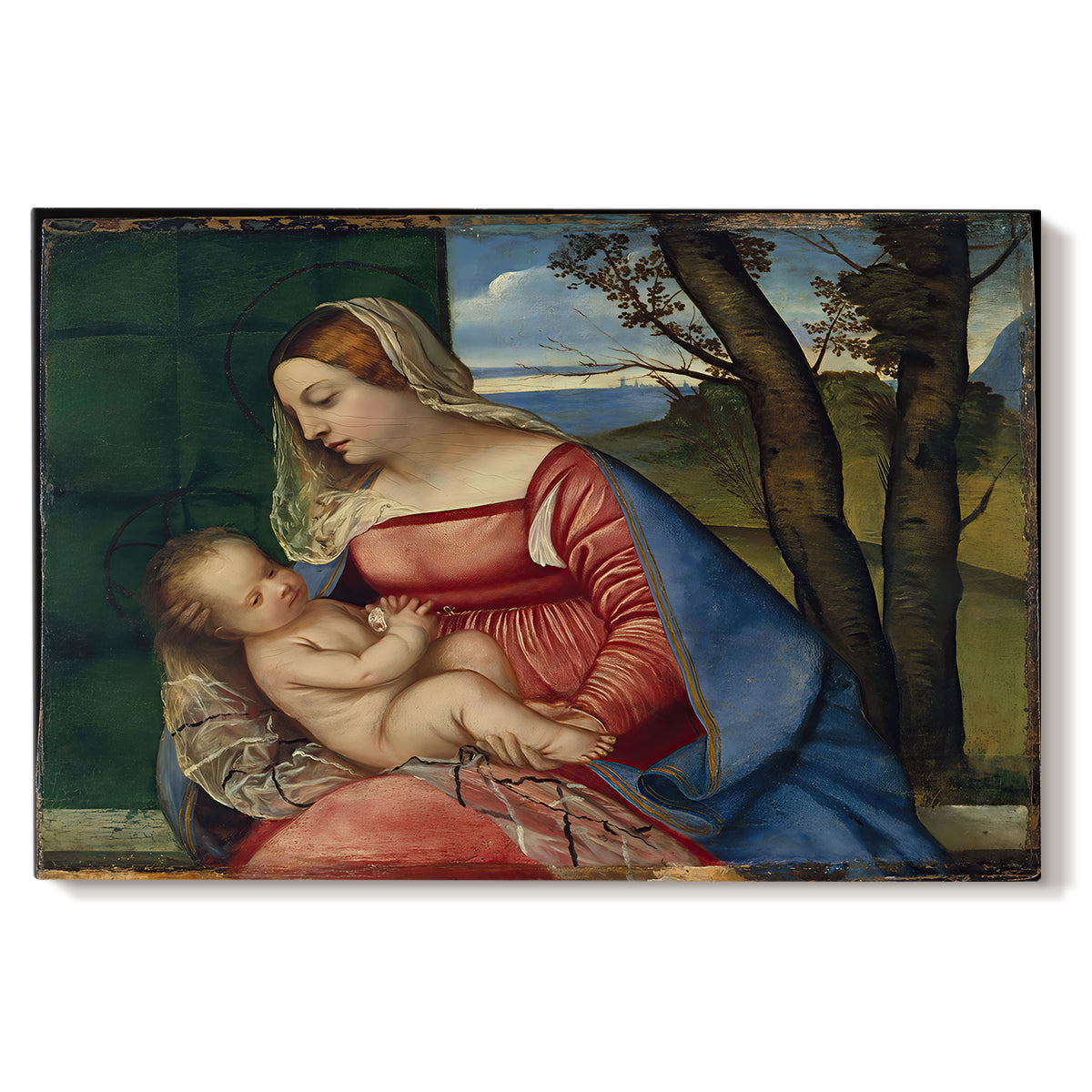 Canvas art print portraying a Madonna cradling child in close devotional scene with rich blue and red garments, set against a white background