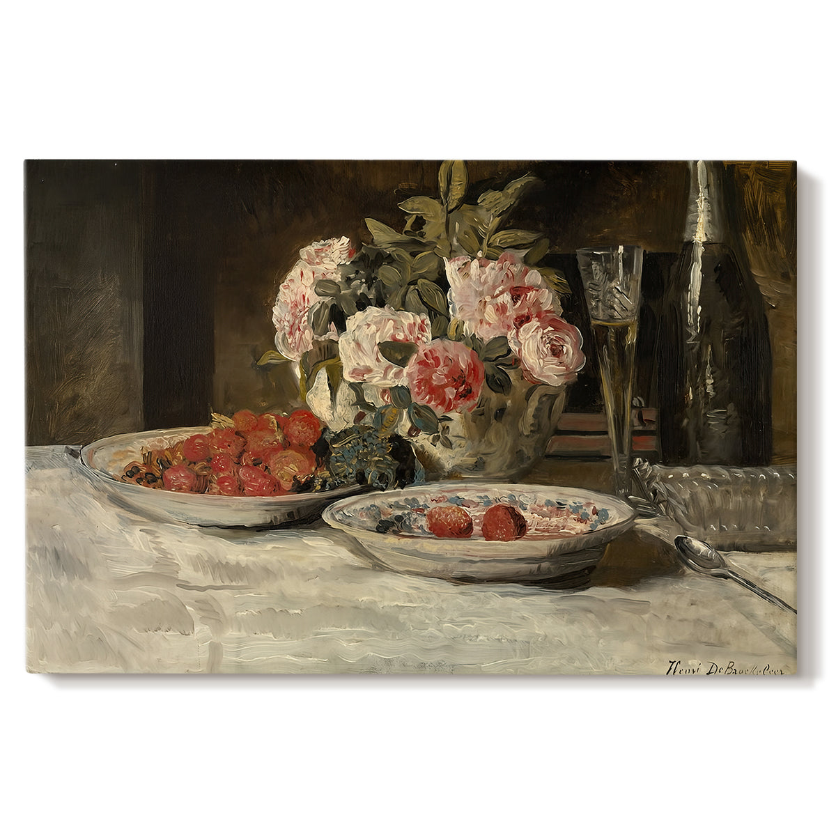 Canvas art print portraying a still life with strawberries, glassware, and bottle arranged on table, set against a white background