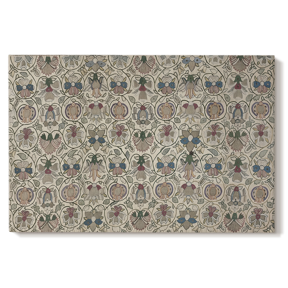 Canvas art print portraying a repeating floral pattern with symmetrical layout across elongated textile surface, set against a white background