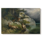 Canvas art print portraying eagles attacking stag near lake, set against a white background