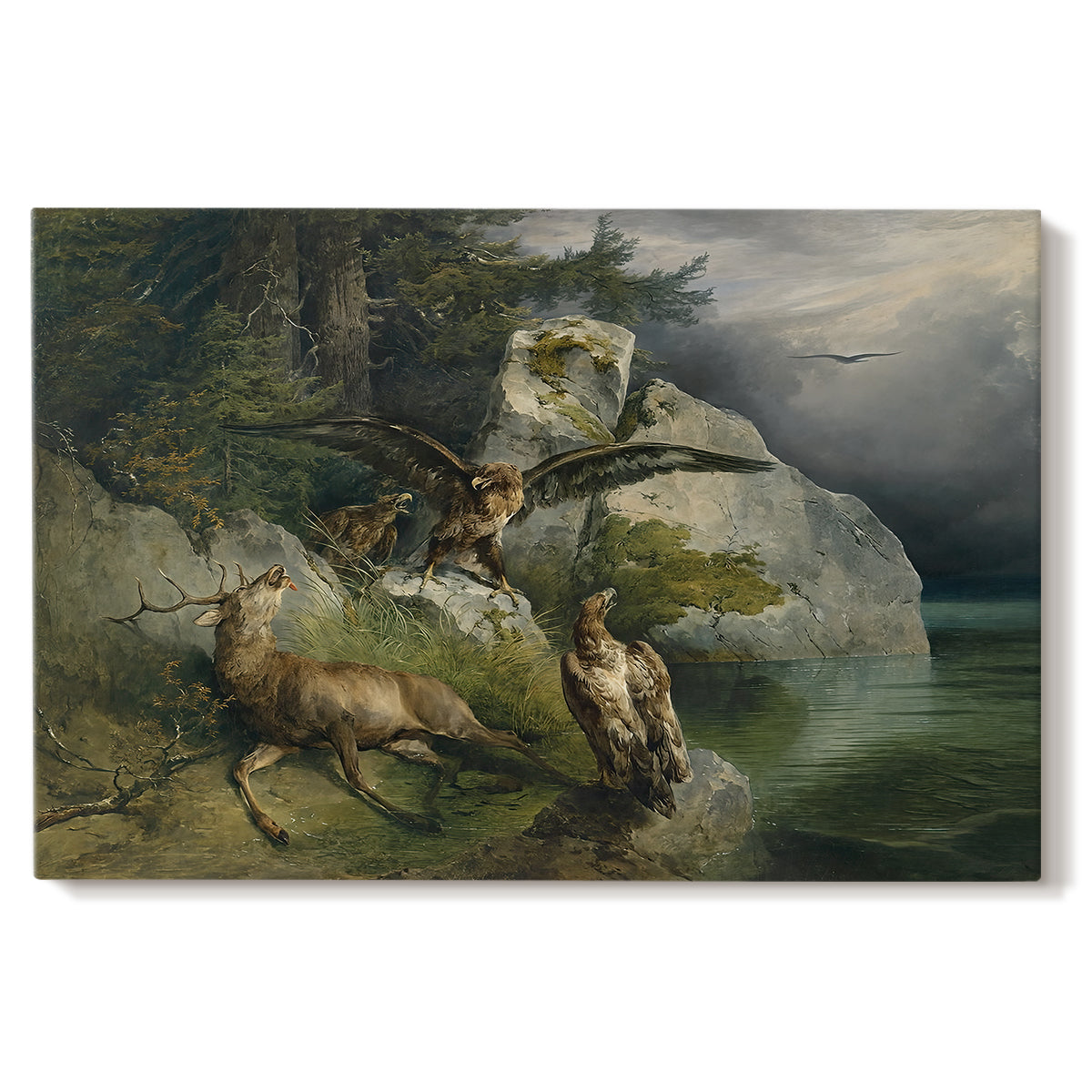 Canvas art print portraying eagles attacking stag near lake, set against a white background