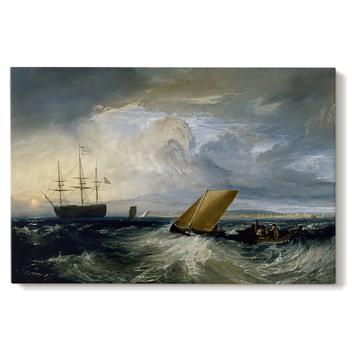 Canvas art print portraying a coastal scene with ships and distant shoreline, set against a white background