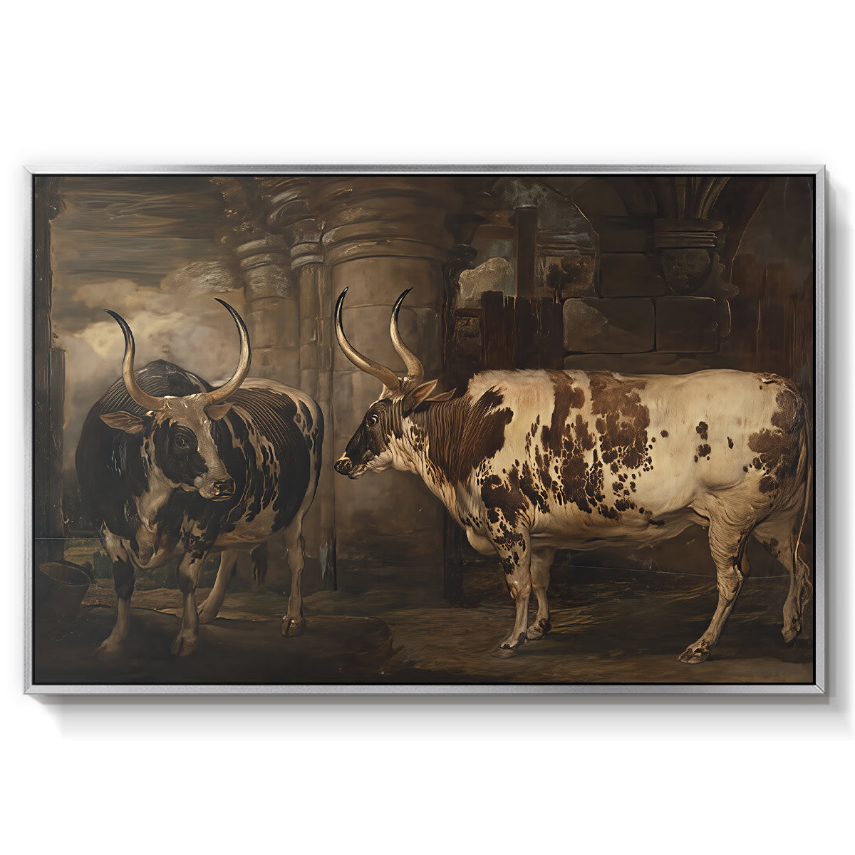 Portraits of Two Extraordinary Oxen, Property of the Earl of Powis, 1814 - Floater Framed Canvas Print