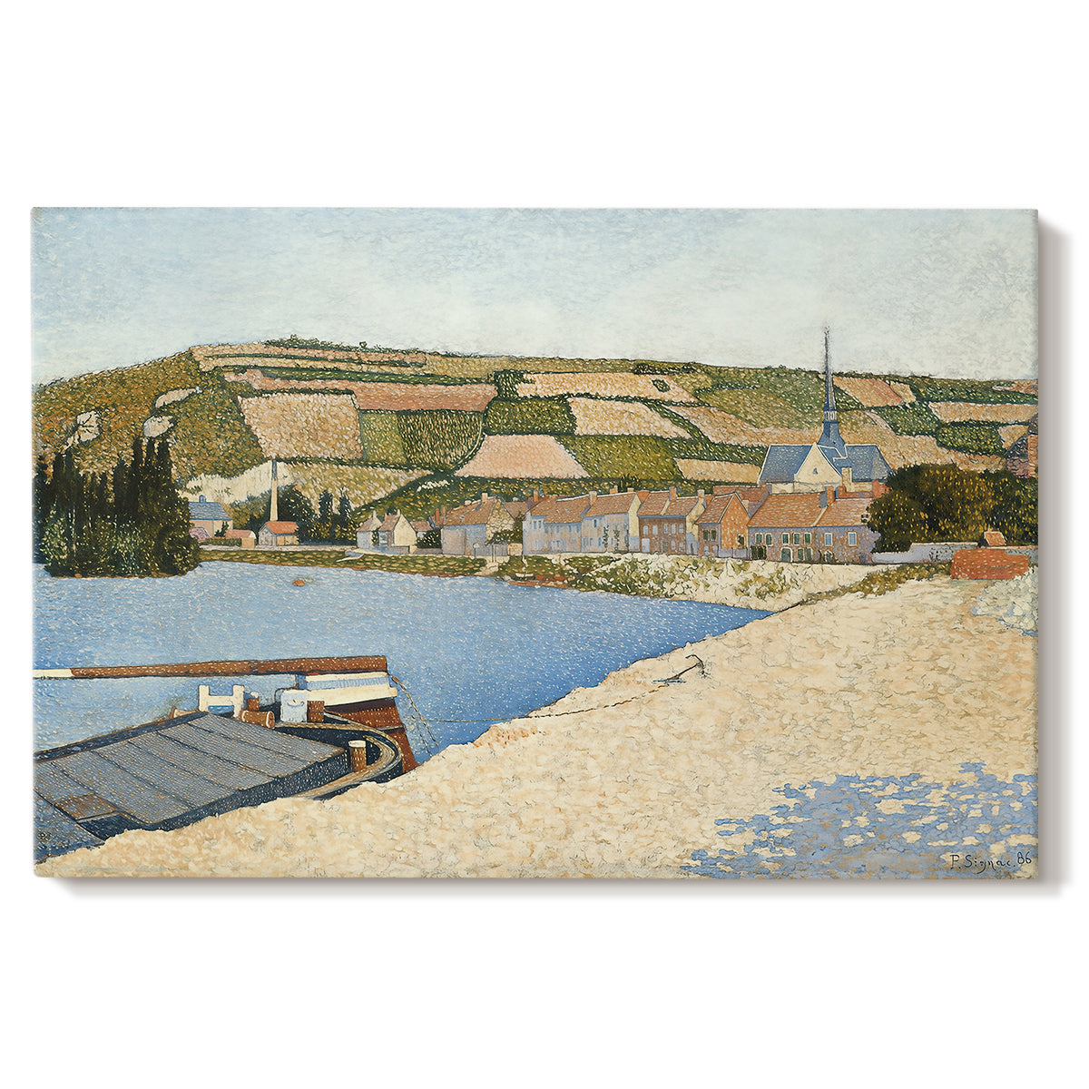 Canvas art print portraying a riverside with buildings and flowing water, set against a white background