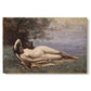Canvas art print portraying a reclining female figure near shoreline with calm water behind, set against a white background
