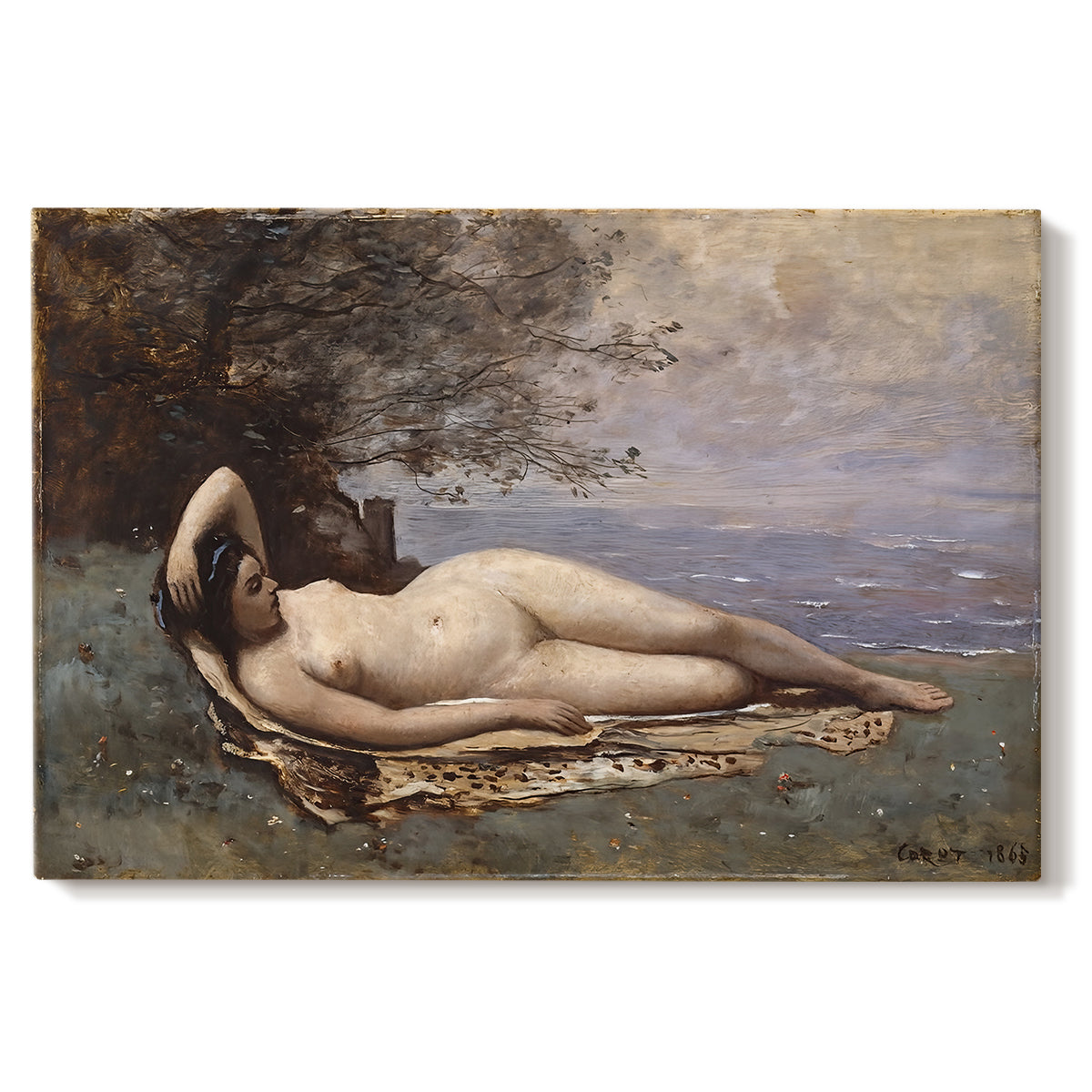 Canvas art print portraying a reclining female figure near shoreline with calm water behind, set against a white background